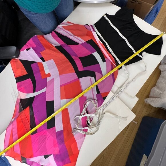 SLNY Black Scoop Neck Cap Sleeve Chiffon Multicolor‎ Asymmetrical Maxi Dress Sz8 - Picture 11 of 16